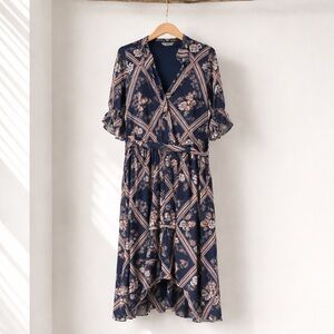 Lauren Conrad V Neck 3X Wrap Look High Low Maxi Dress Floral and Line Print